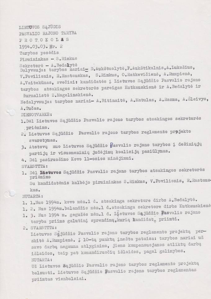Lietuvos Sajūdžio Pasvalio rajono Tarybos posėdžio 1994 m. kovo 3 d. PROTOKOLAS Nr. 2
